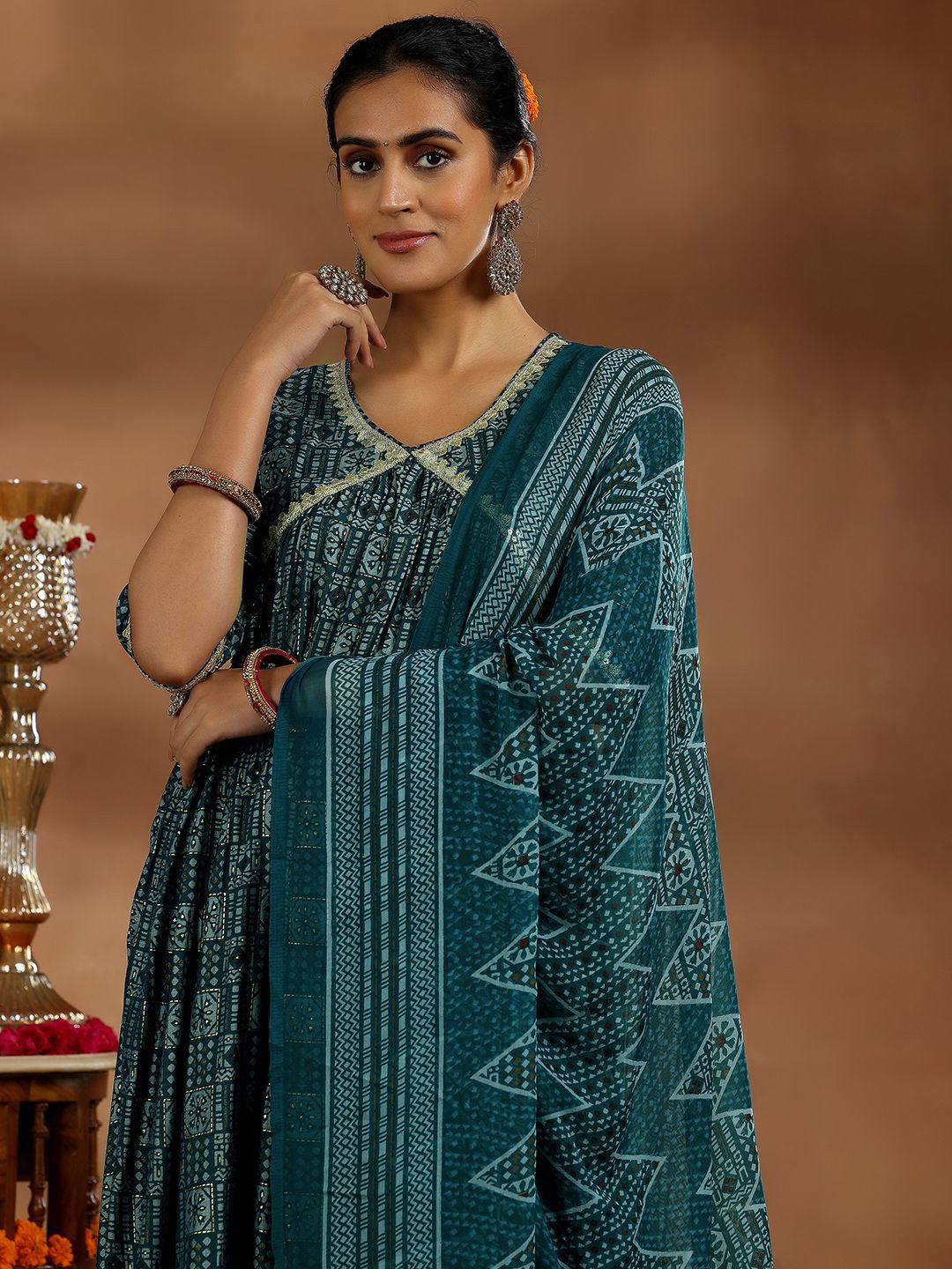 Libas Ethnic Motifs Printed Empire Gotta Patti Kurta with Trousers & Dupatta