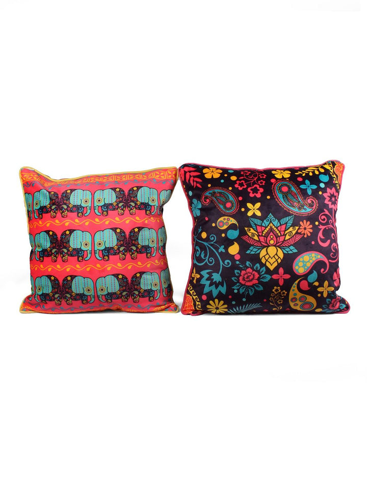 STITCHNEST Blue & Yellow 5 Pieces Ethnic Motifs Printed Velvet Square Cushion Covers
