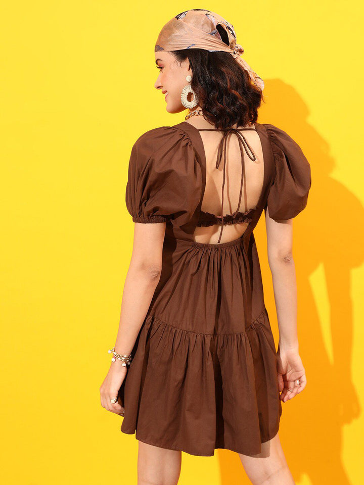 STREET 9 Square Neck Tiered Tie-Up Pure Cotton A-Line Dress