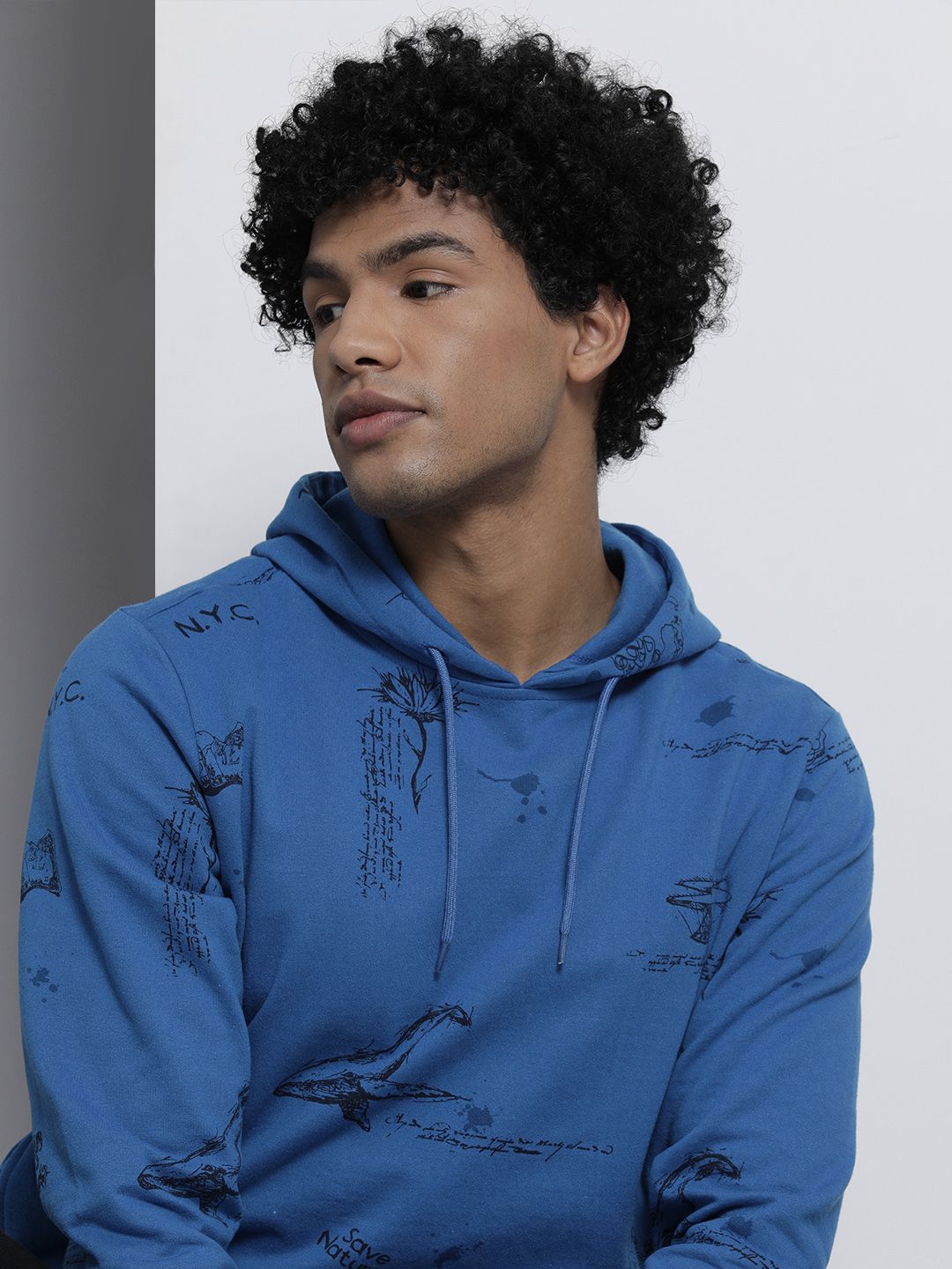 The Indian Garage Co Men Blue Printed Hooded Sweatshirt