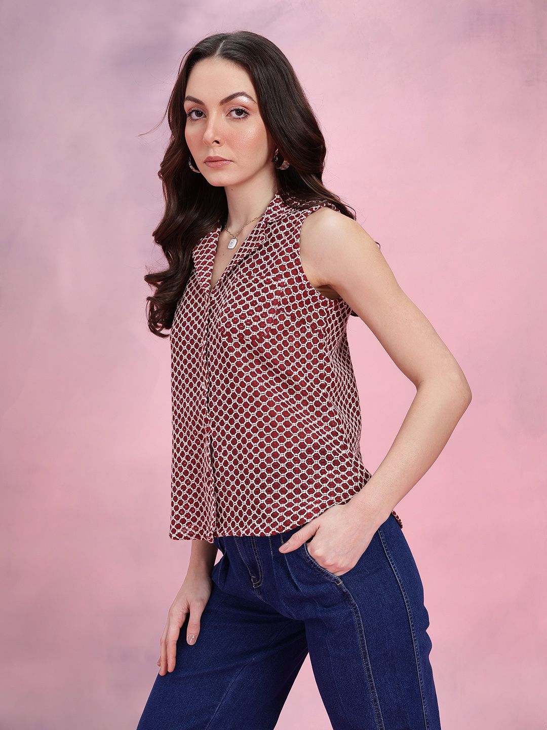 DressBerry Geometric Self-Design Cuban Collar Crochet Semi-Sheer Casual Shirt