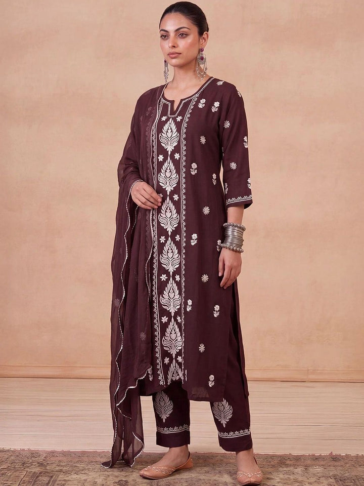 House of Chikankari Women Ethnic Embroidered Thread Work Kurta with Trousers & Dupatta