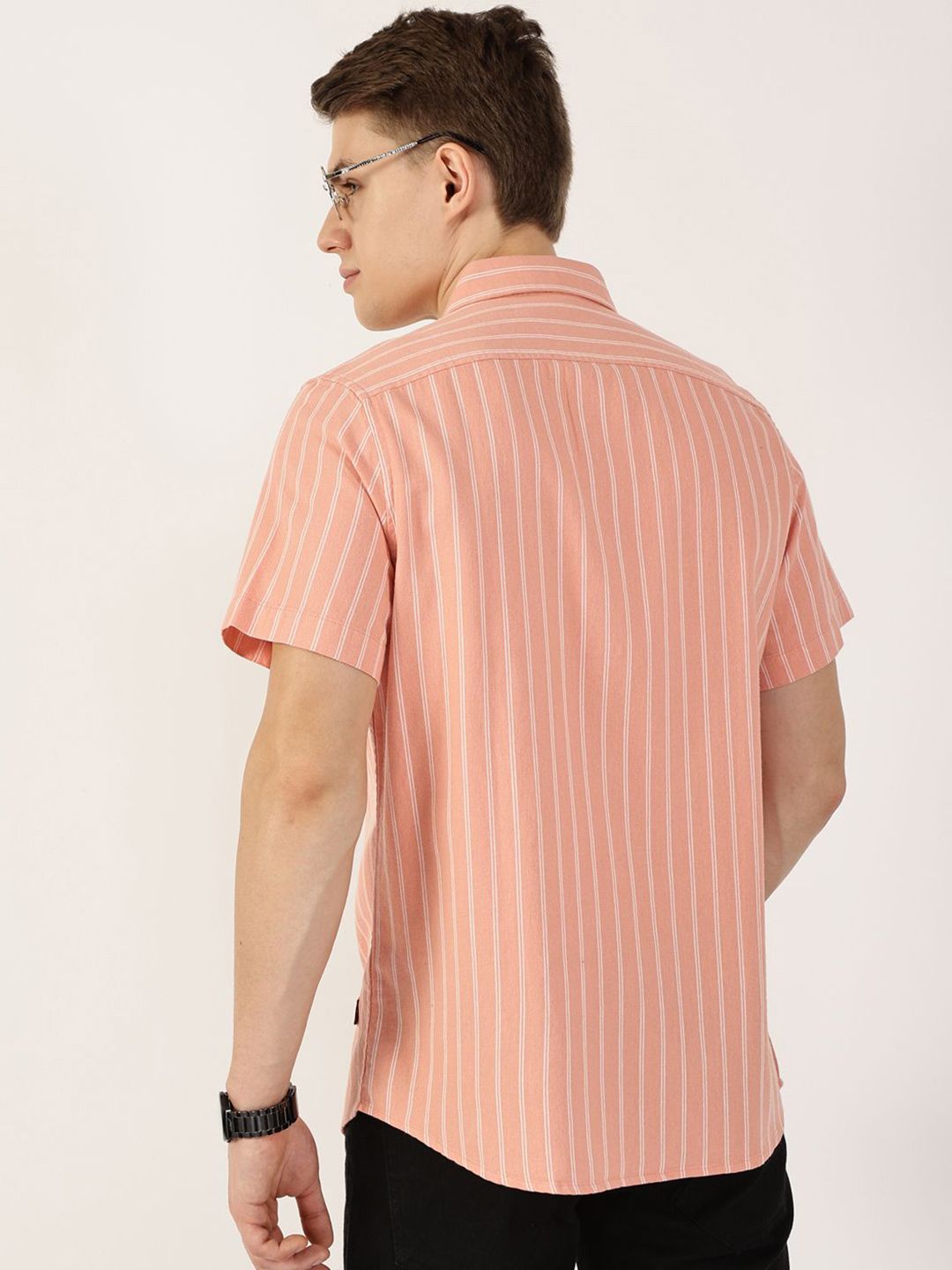 Thomas Scott Men Classic Slim Fit Spread Collar Vertical Striped Cotton Casual Shirt