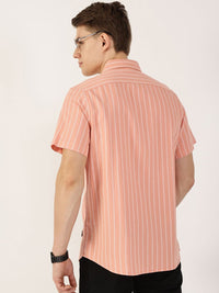 Thomas Scott Men Classic Slim Fit Spread Collar Vertical Striped Cotton Casual Shirt