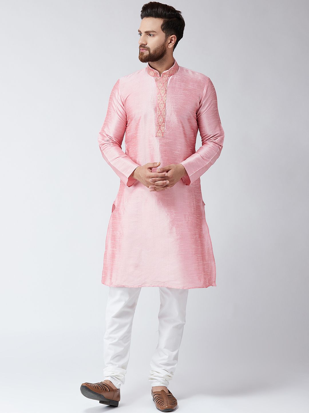 SOJANYA Men Pink Solid Straight Kurta