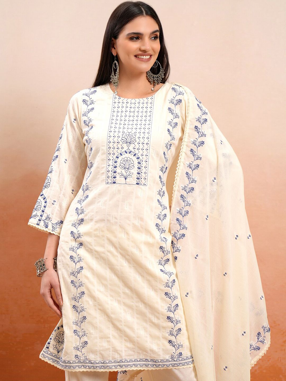Vishudh Cream Coloured Embroidered Pure Cotton Straight Kurta With Trousers & Dupatta
