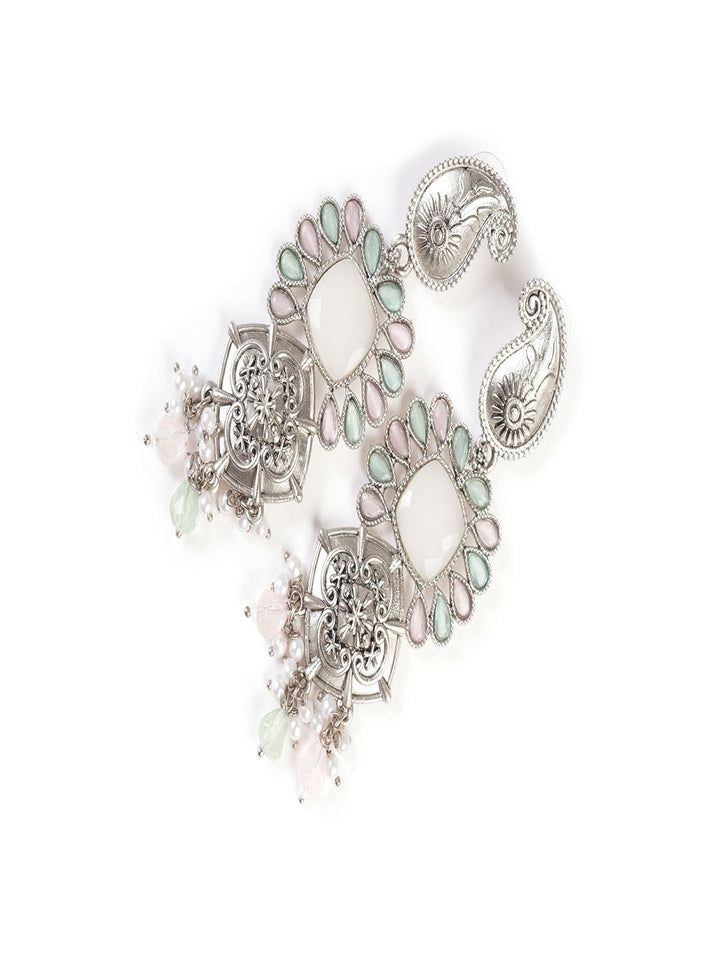PANASH Silver-Plated Stones Studded And Beaded Contemporary Shaped Oxidised Drop Earrings