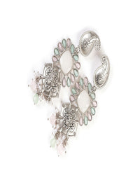 PANASH Silver-Plated Stones Studded And Beaded Contemporary Shaped Oxidised Drop Earrings