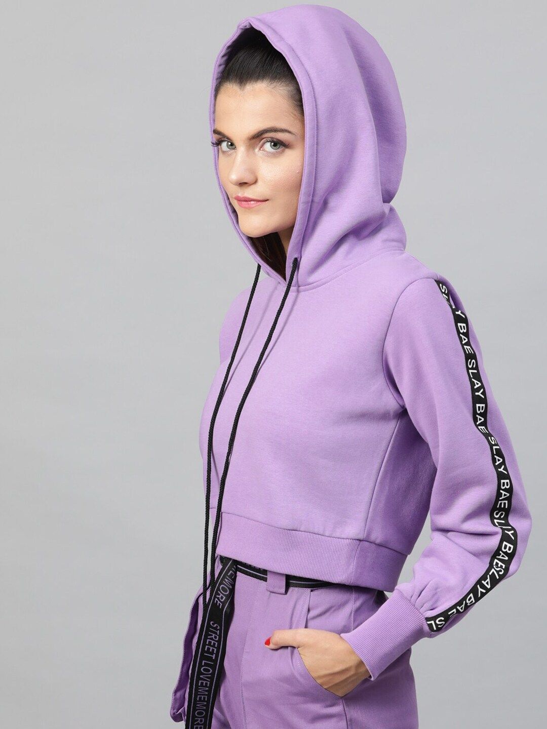STREET 9 Women Lavender Solid Hooded Crop Sweatshirt