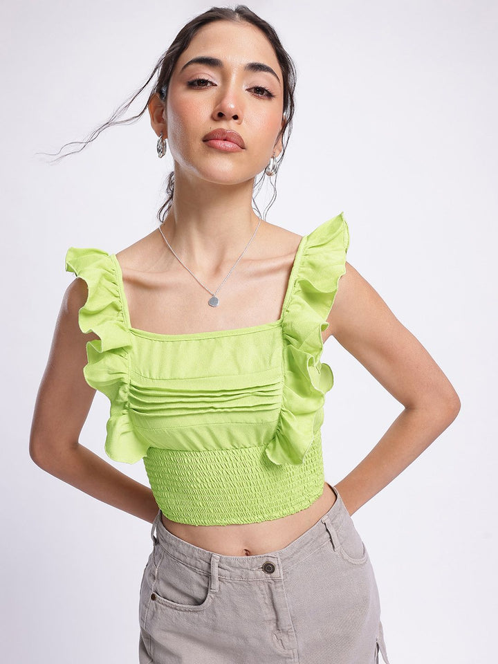 DressBerry Smocking Chic Ruffled Pleated Crop Top