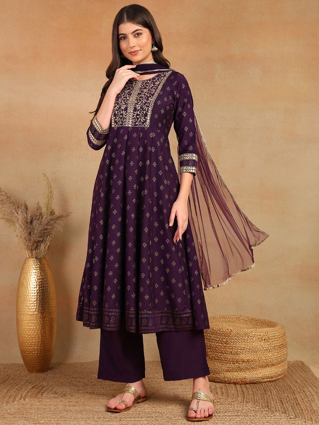 KALINI Ethnic Motifs Printed Anarkali Mirror Work Kurta With Trousers & Dupatta