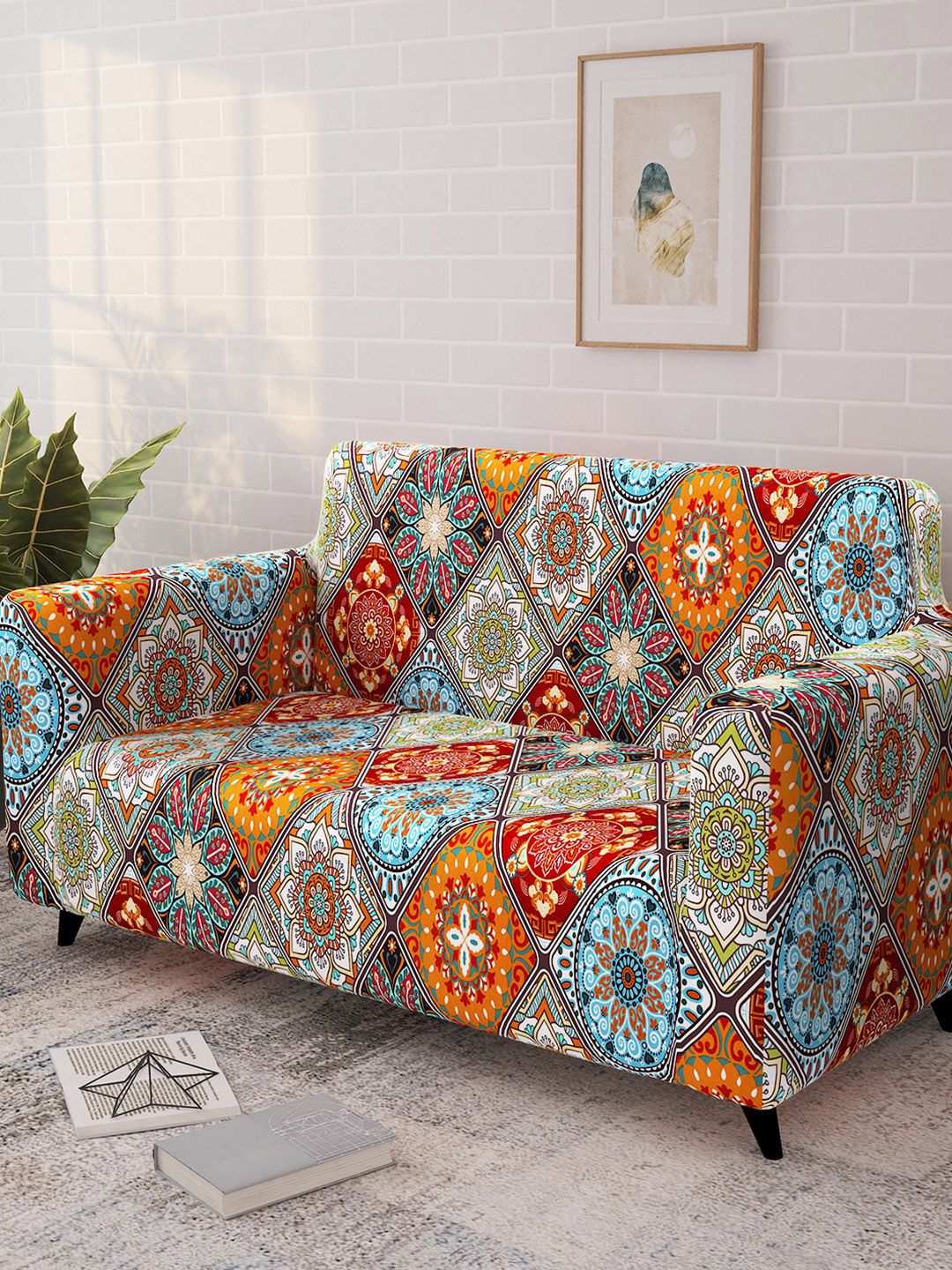 Story@home Orange & Yellow Printed 2 Seater Stretchable Sofa Cover With Arms