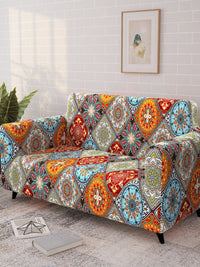 Story@home Orange & Yellow Printed 2 Seater Stretchable Sofa Cover With Arms