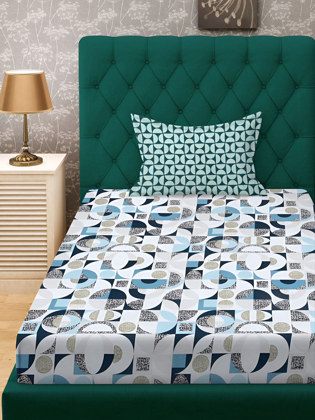 KLOTTHE White & Blue Geometric Printed Fitted 300 TC Single Bedsheet With Pillow Cover