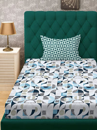 KLOTTHE White & Blue Geometric Printed Fitted 300 TC Single Bedsheet With Pillow Cover