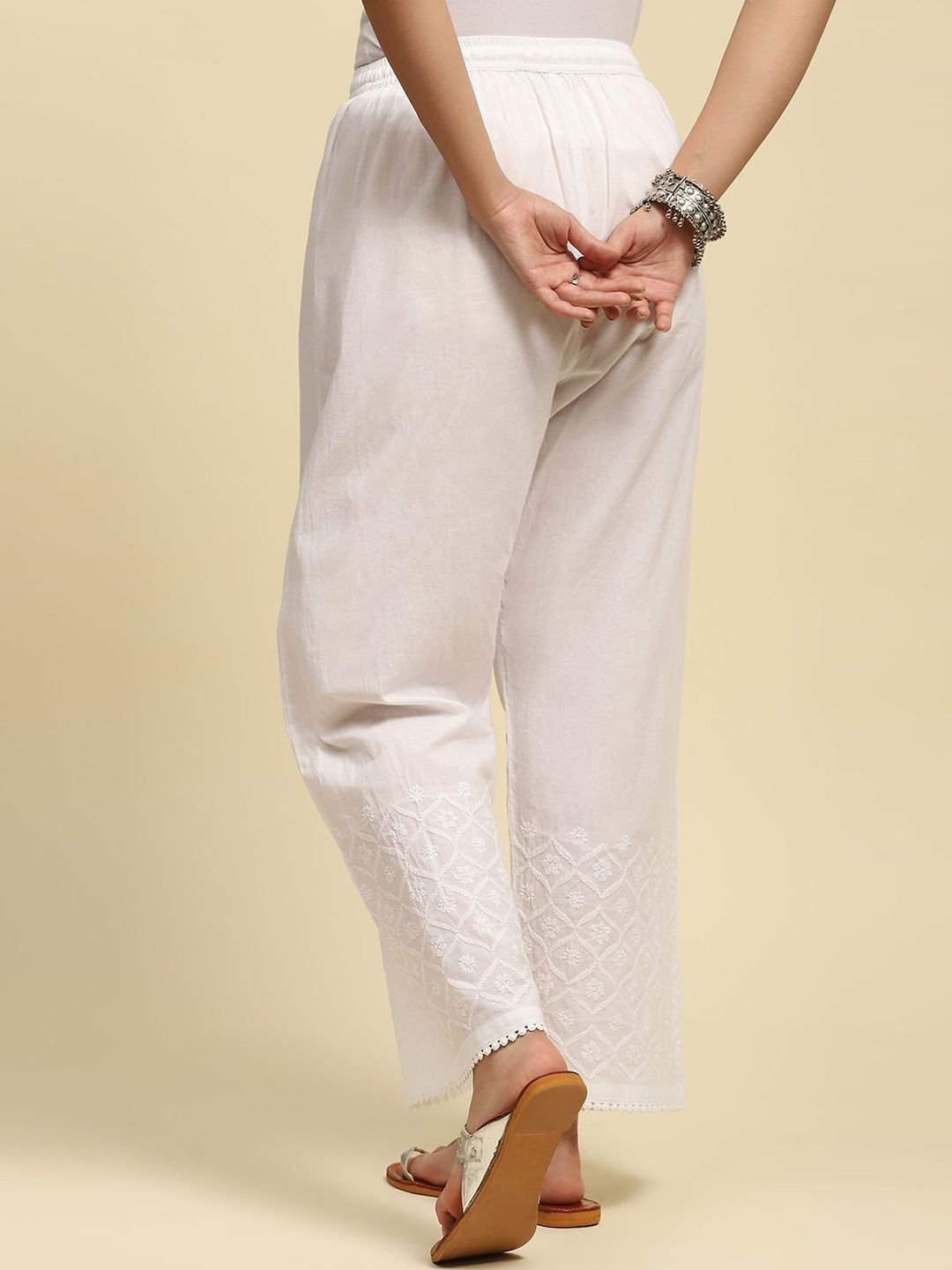 House of Chikankari Women White Cotton Chikankari Embroidered Palazzo