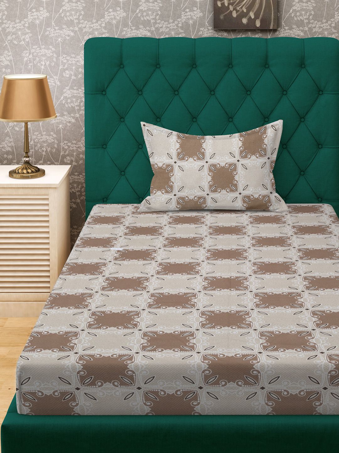KLOTTHE Brown Floral Printed Pure Cotton 400 TC Single Bedsheet With Pillow Cover