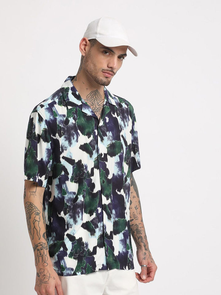 THE BEAR HOUSE Regular Fit Abstract Printed Cuban Collar Casual Shirt