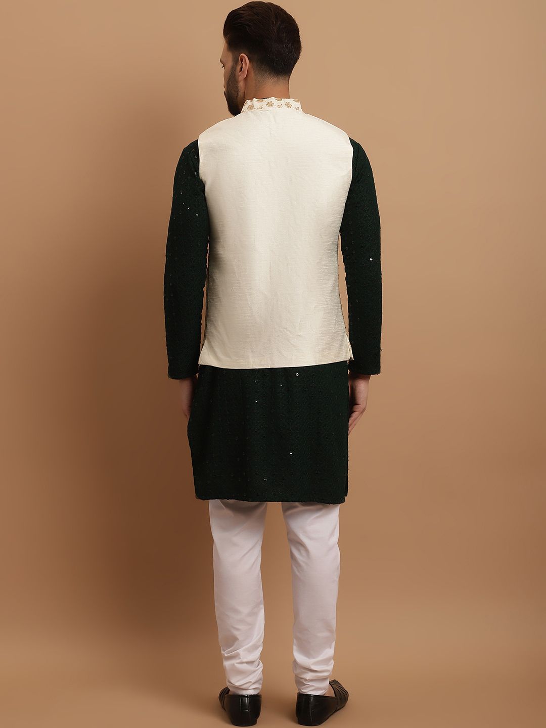 SOJANYA Ethnic Embroidered Sequinned Pure Cotton Kurta & Churidar With Nehru Jacket
