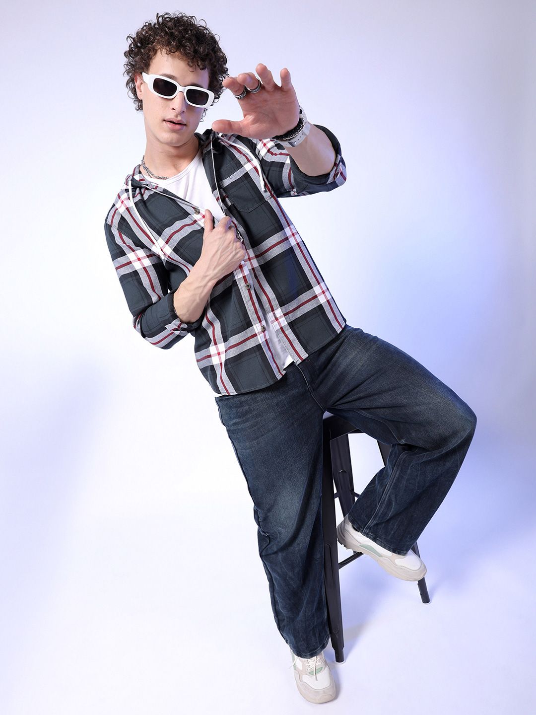 The Indian Garage Co Tartan Checked Hooded Long Sleeves Cotton Shacket