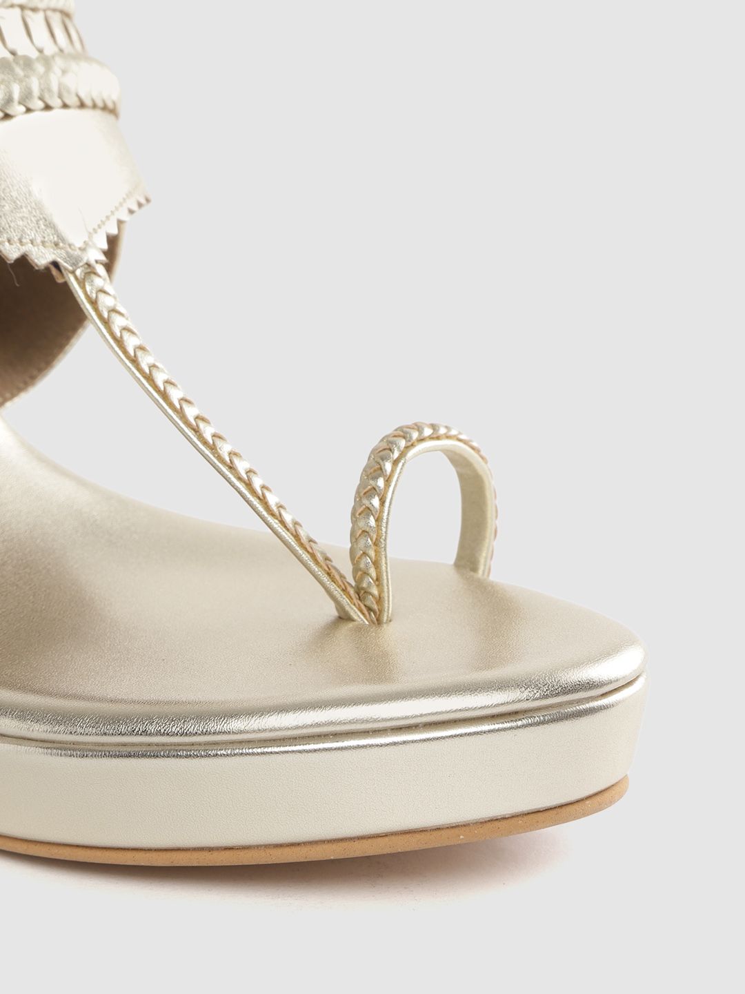 House of Pataudi Women Muted Gold-Toned Braided Handcrafted One Toe Heels