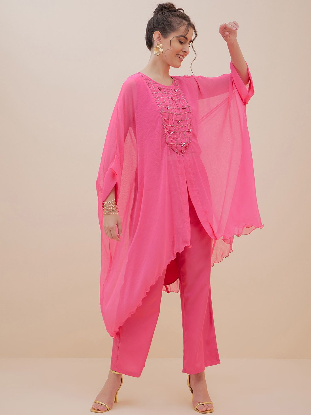 Antheaa Embellished Yoke Design Sequinned Top With Trousers