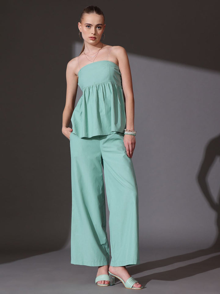STREET 9 Solid Off Shoulder Top With Flared Trousers Co-Ords