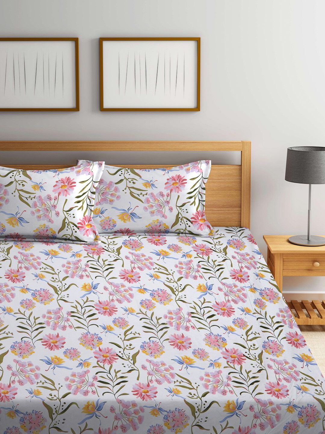 KLOTTHE White Floral 300 TC Cadar Tempat Tidur Super King Halus dengan 2 Sarung Bantal-270X270 cm