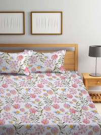 KLOTTHE White Floral 300 TC Cadar Tempat Tidur Super King Halus dengan 2 Sarung Bantal-270X270 cm
