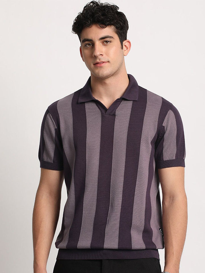 THE BEAR HOUSE Men Striped Regular Fit Cotton Polo Collar T-Shirts