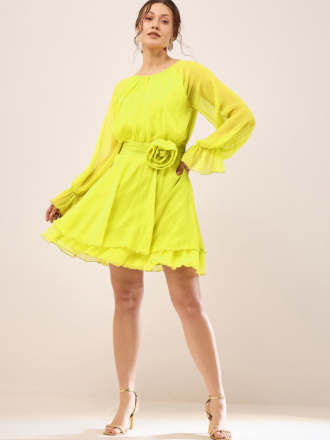 Antheaa Lime Green Cuff Sleeve Chiffon Fit & Flare Dress