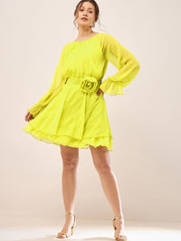 Antheaa Lime Green Cuff Sleeve Chiffon Fit & Flare Dress
