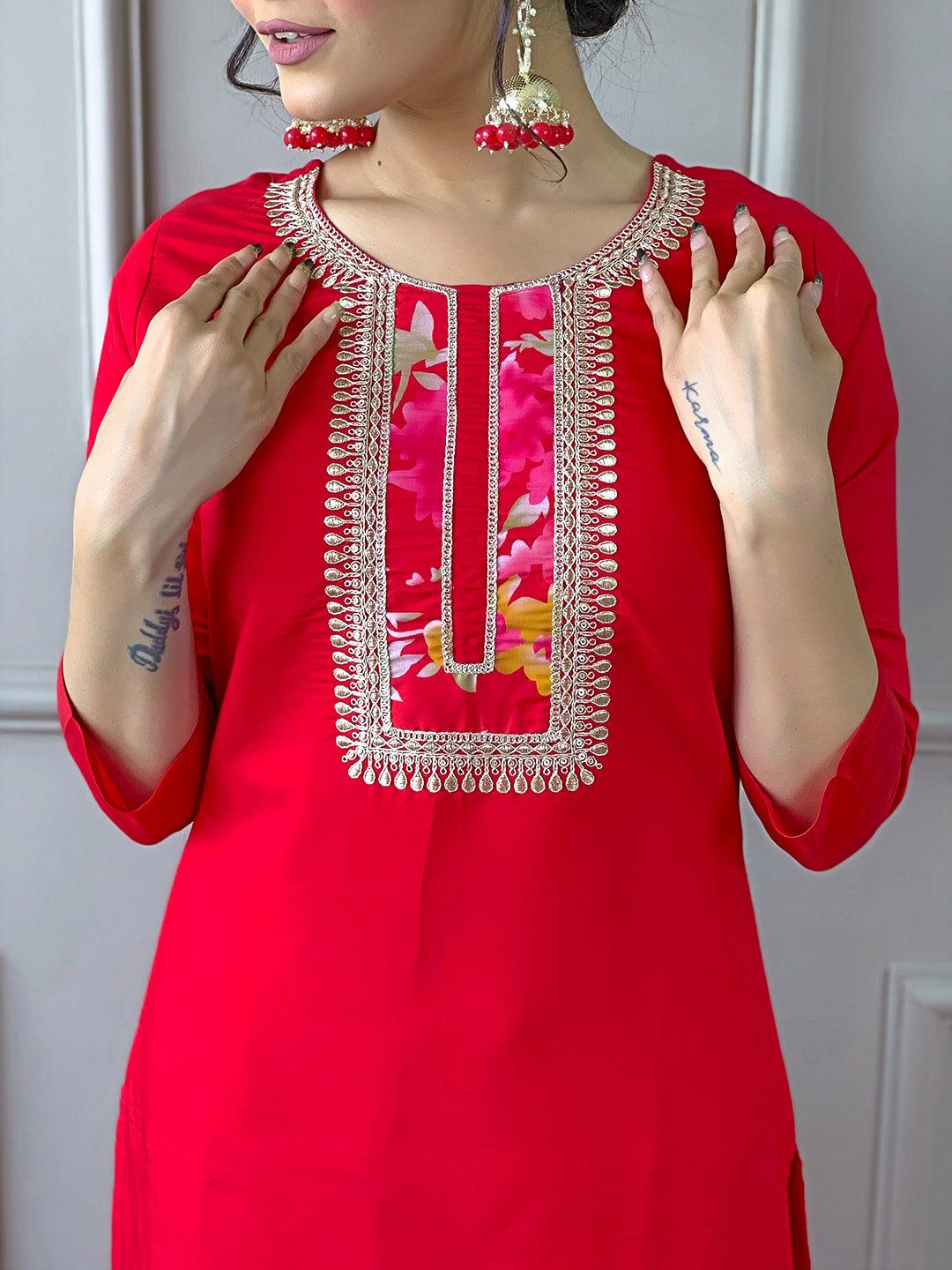 KALINI Ethnic Motifs Yoke Design Thread Work Straight Kurta with Trousers & Dupatta