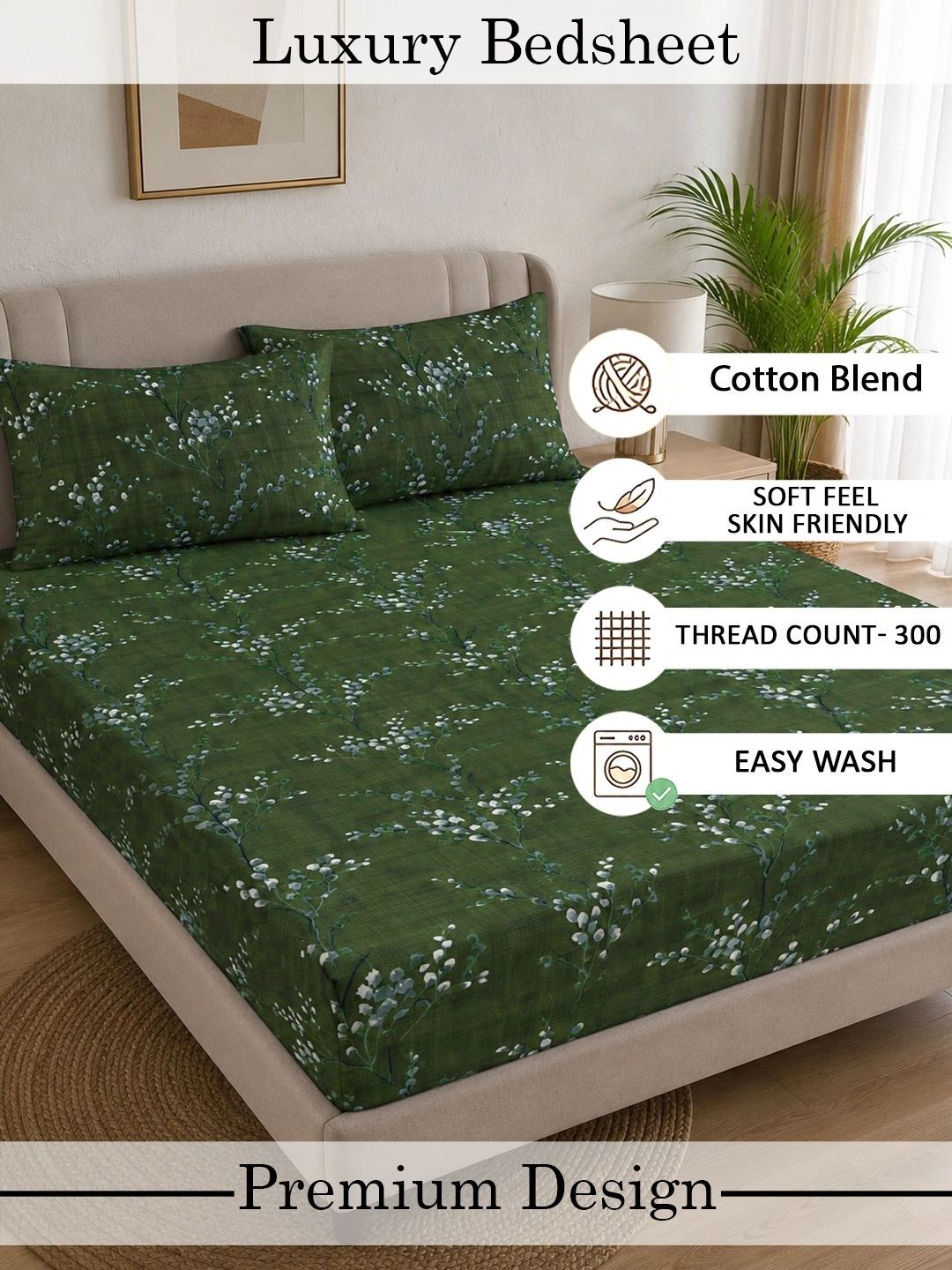 Myntra Elegant Homes Green Floral 300 TC King Cadar dengan 2 Sarung Bantal