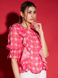 SASSAFRAS Pink Geometric Printed Ruffles Detailed Regular Top