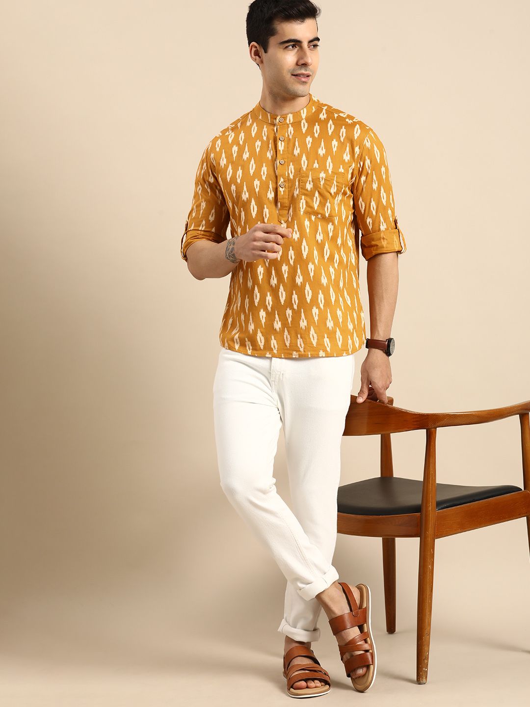 Anouk Men Mustard Yellow & White Printed Roll-Up Sleeves Pure Cotton Short Kurta