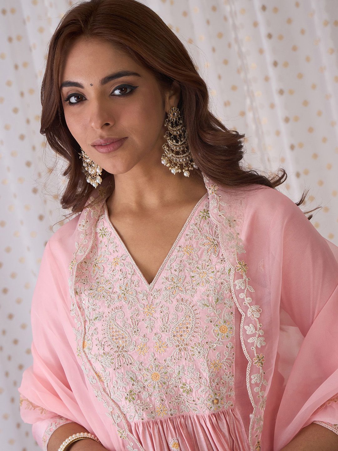 Indo Era Pink Ethnic Motifs Embroidered Aari Work Kurta with Trousers & Dupatta