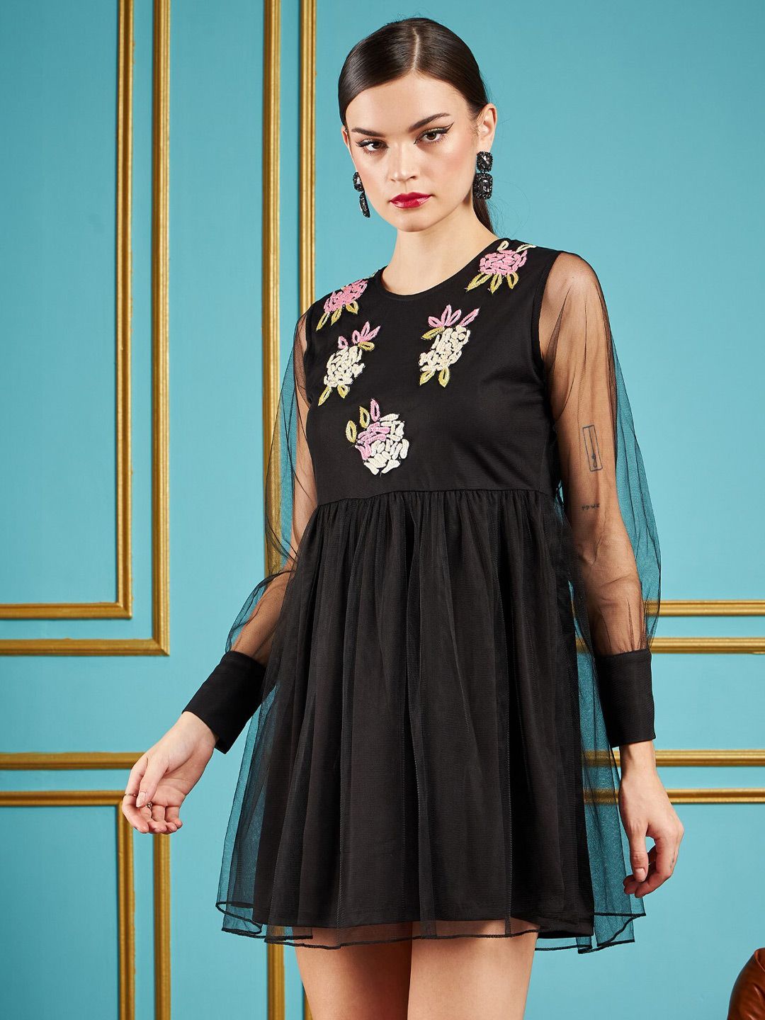 SASSAFRAS Black Floral Embellished Detailed Gathered Detailed Net Fit & Flare Mini Dress