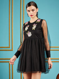 SASSAFRAS Black Floral Embellished Detailed Gathered Detailed Net Fit & Flare Mini Dress