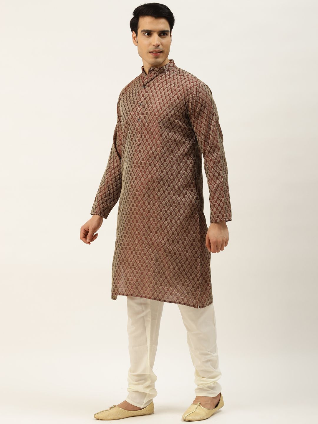 SOJANYA Men Maroon & Golden Self Design Kurta with Churidar & Nehru Jacket