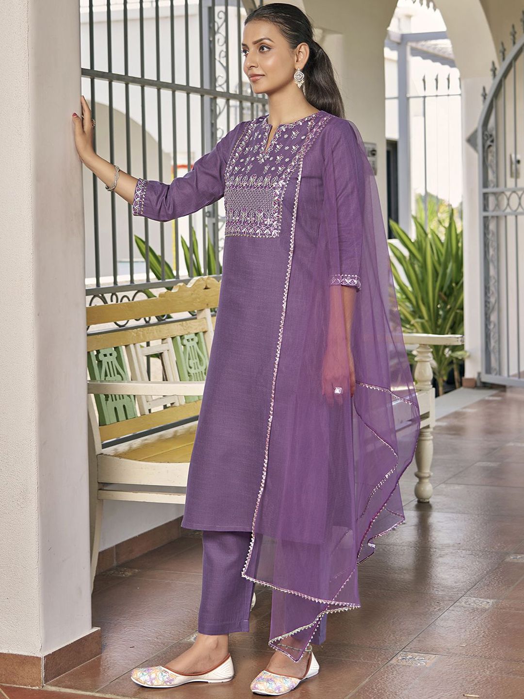 KALINI Floral Embroidered Regular Thread Work Straight Kurta With Trousers & Dupatta