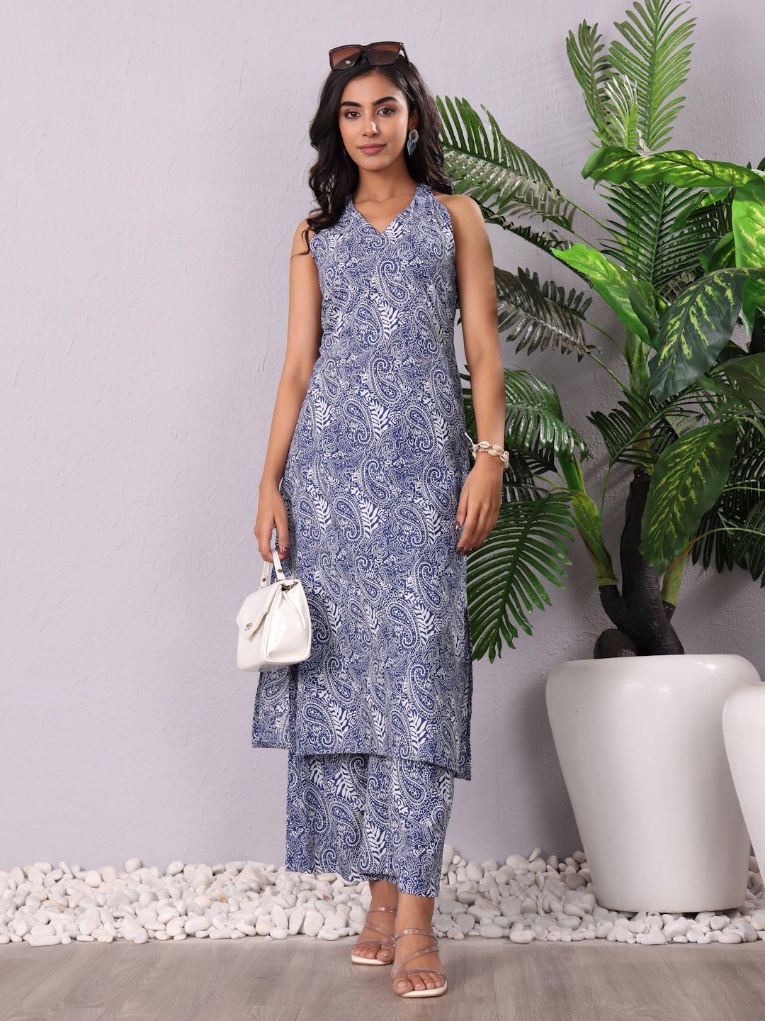 Varanga Paisley Printed V-Neck Pure Cotton Straight Kurta With Palazzo