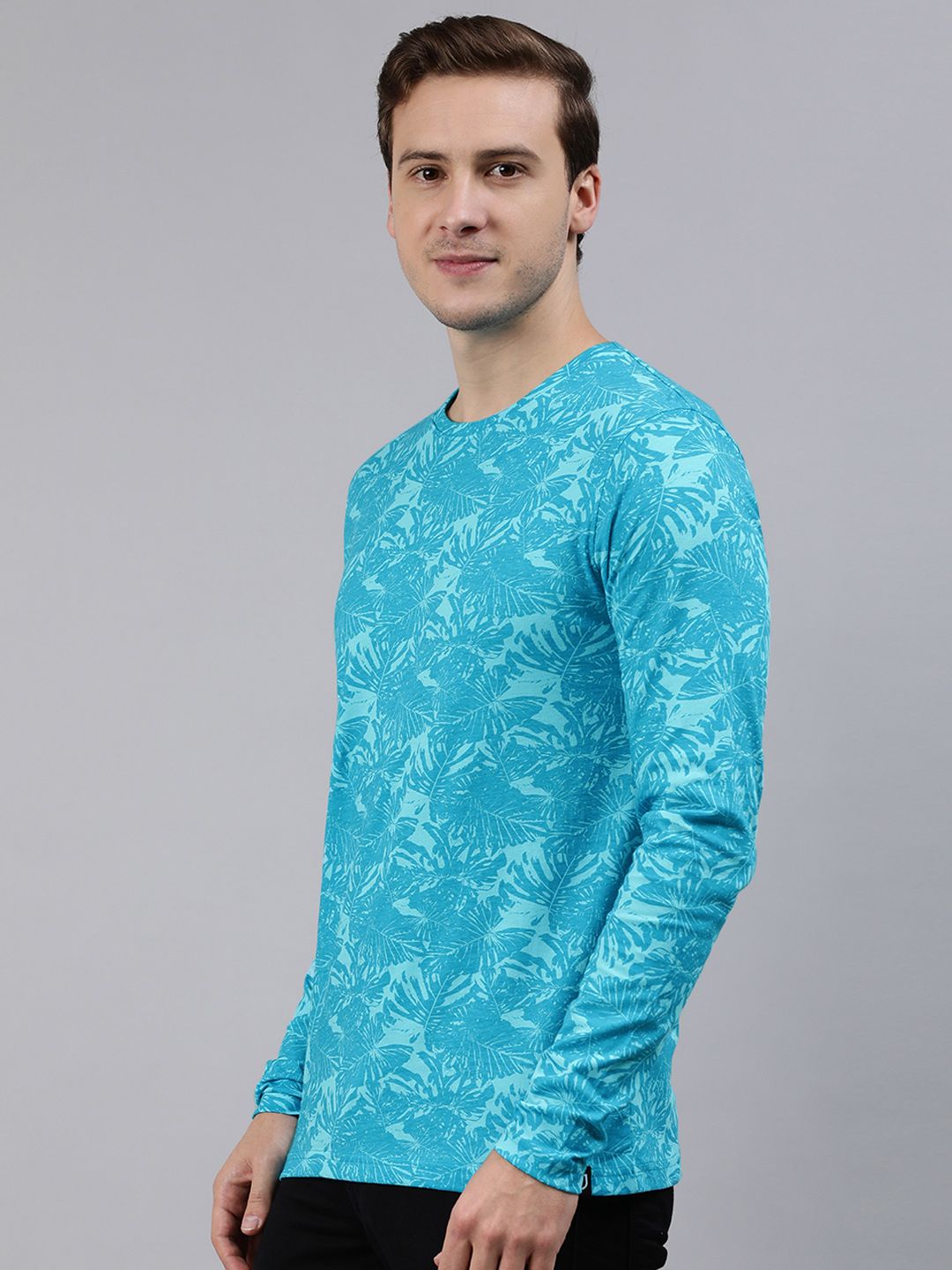 Urbano Fashion Men Turquoise Blue Floral Printed Tropical Slim Fit T-shirt