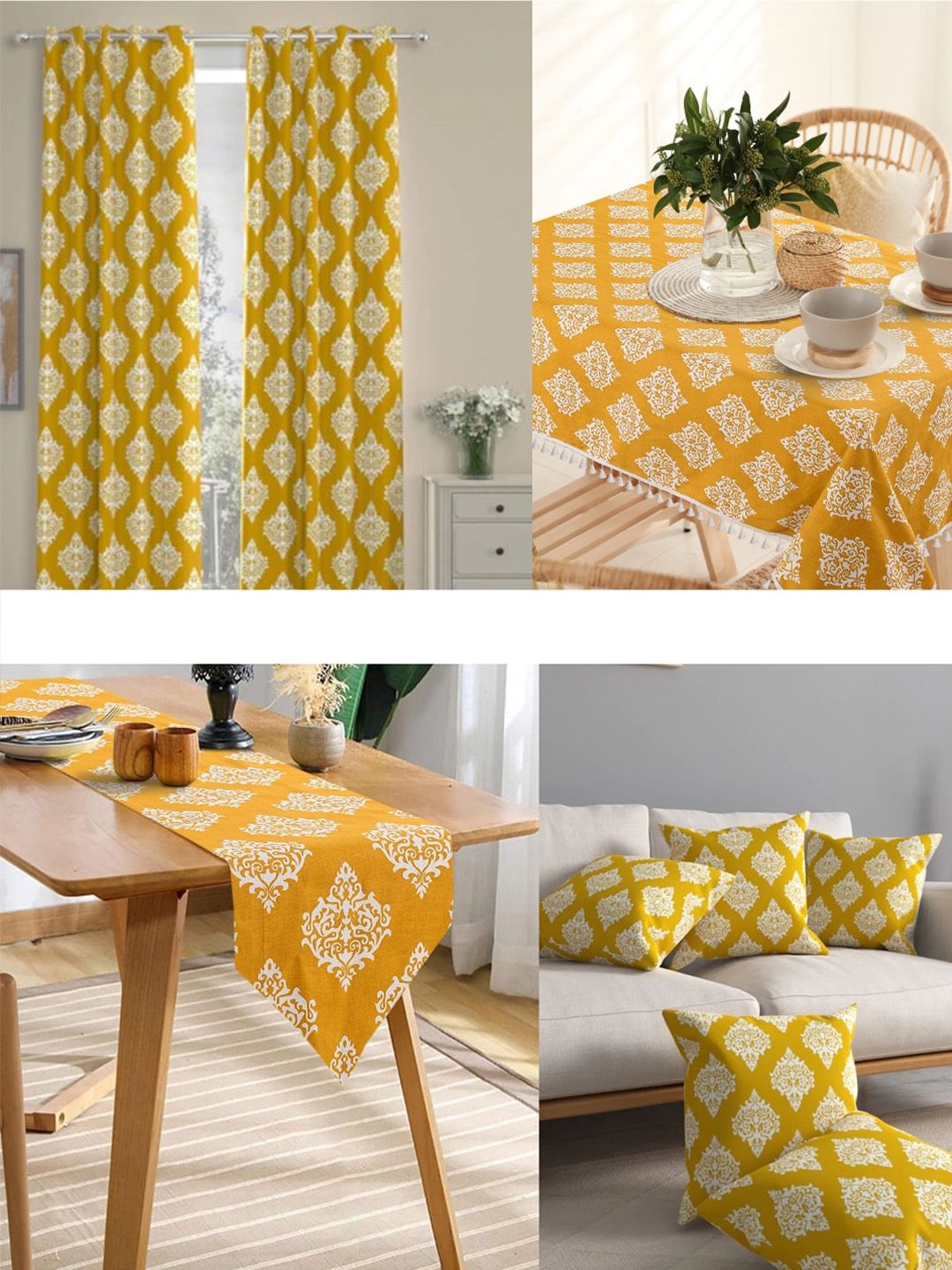 URBAN SPACE Mustard-Yellow Printed Pure Cotton 4-Seater Table Cover