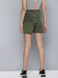 HRX By Hrithik Roshan EDGE Women Olive Green Camouflage Rapid-Dry AOP Lifestyle Shorts