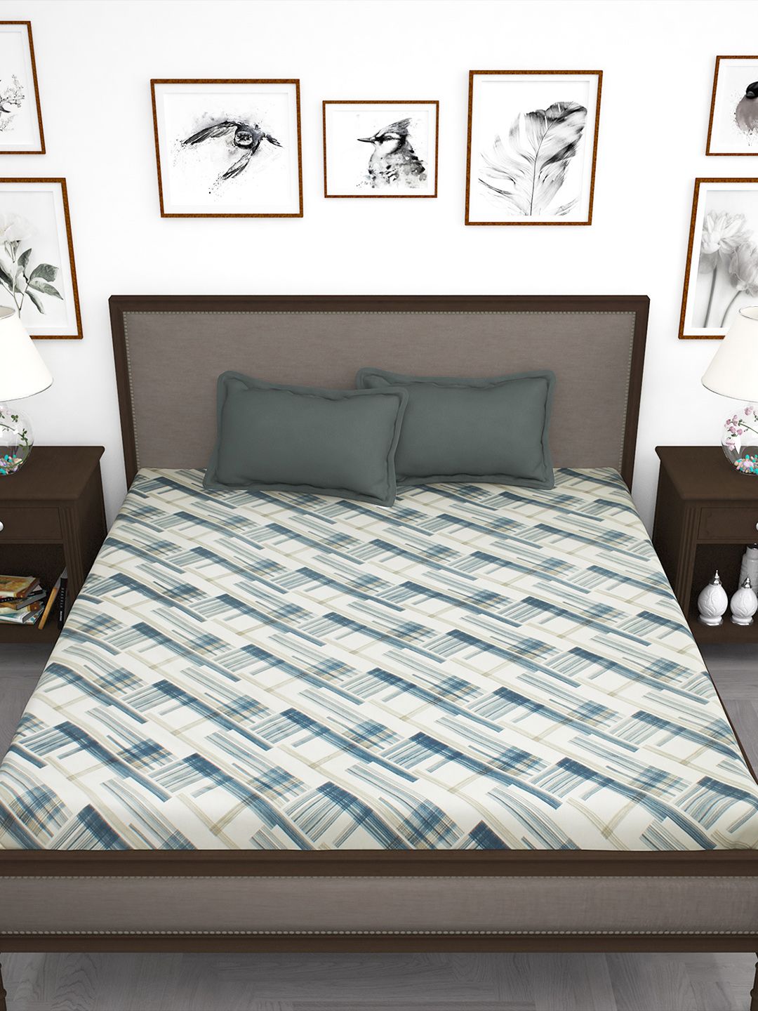 Story@home Off White Blue 210 TC King Bedsheet with 2 Pillow Covers