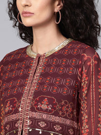 Wishful by W Women Burgundy Printed A-Line Layered Kurta with Ethnic Jacket