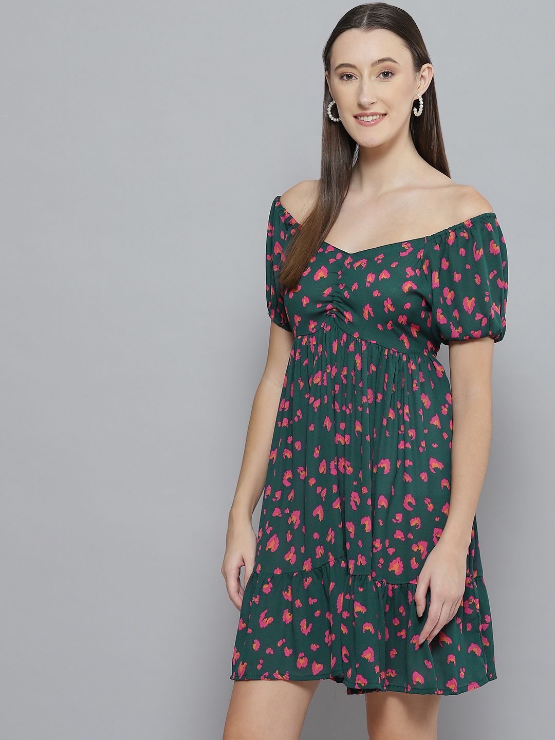 DENNISON Green Floral Off-Shoulder Crepe A-Line Dress