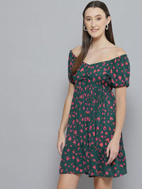 DENNISON Green Floral Off-Shoulder Crepe A-Line Dress