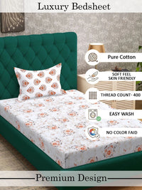 Myntra Elegant Homes Orange & White Floral 400 TC Single Bedsheet with 1 Pillow Covers